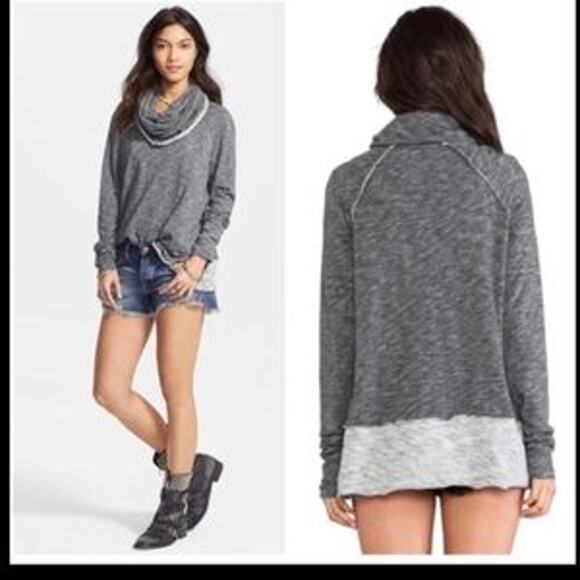 Free People Beach Heathered Grey Cowl Neck Lightweight Sweater OSFM - Picture 2 of 7